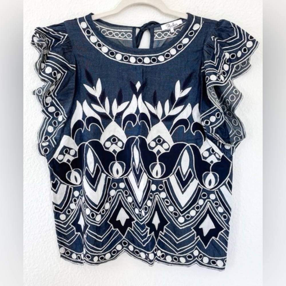 Parker Wyatt Eyelet Embroidered Denim Blue/Black S/SWomen’s Top/XS-Preowned Fast